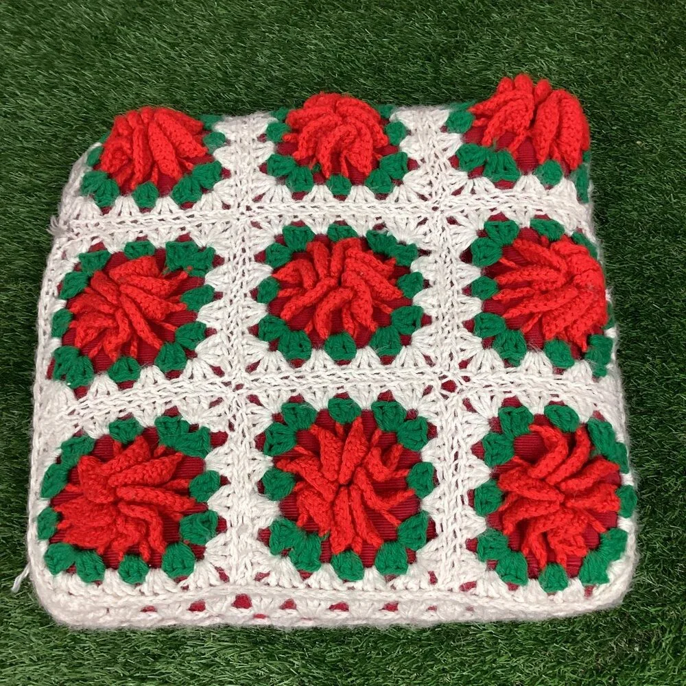 Vintage Crochet Rose Flower Pillow Raised